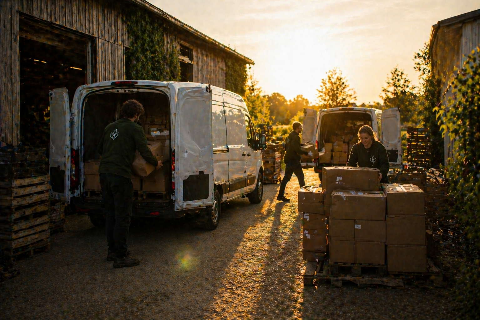 Bezorgers laden de busjes bij zonsondergang